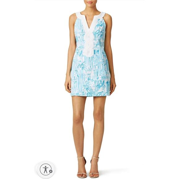 Lilly Pulitzer White Aqua Blue Cord Embelished Cotton Dress Lined Sz 4 MSRP $208 - Picture 1 of 12